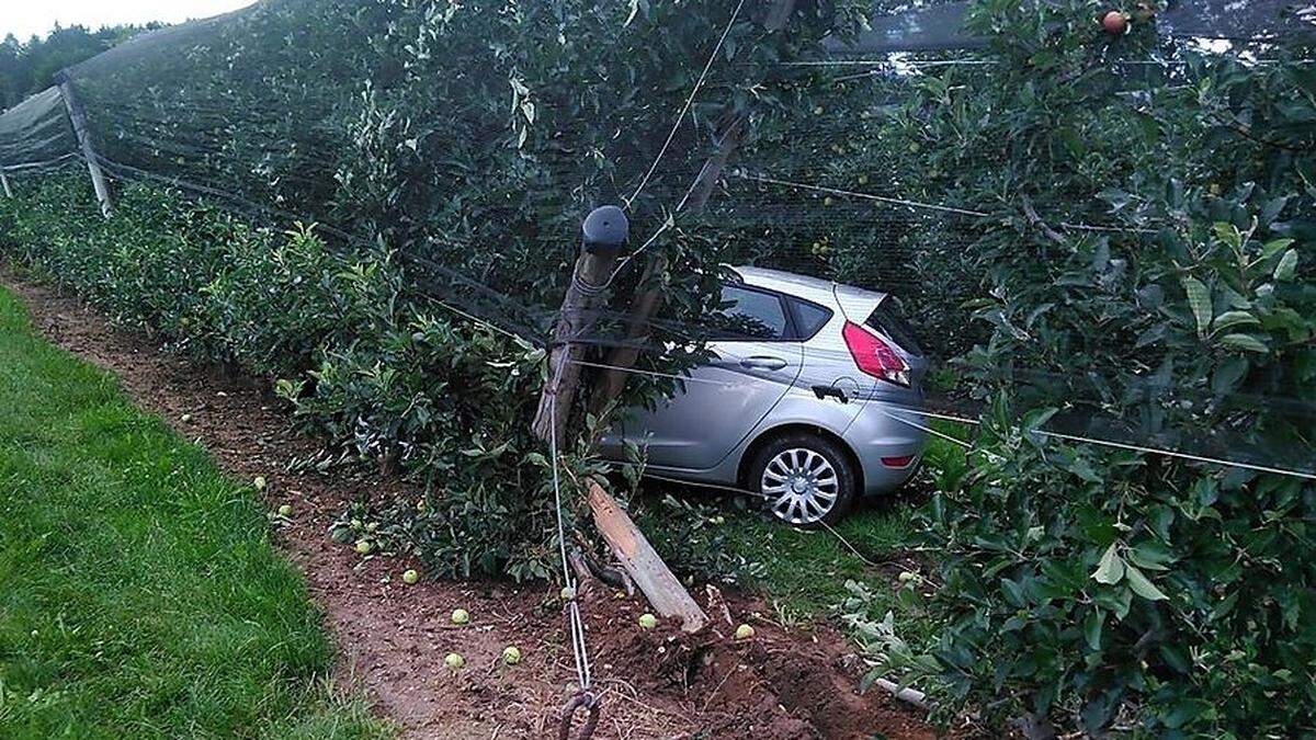 Der Pkw rutschte in die Obstbauanlage, drehte sich um rund 90 Grad und kam dann zwischen den Apfelbäumen zu stehen