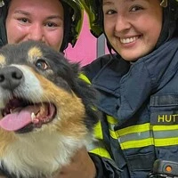Der Familienhund wurde vom Atemschutztrupp im verrauchten Gebäude gefunden