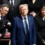 (L TO R) Finland's President Alexander Stubb speaks with US President Donald Trump and his wife Melania Trump as they observe the coffin of late Pope Francis during the funeral ceremony at St Peter's Square in The Vatican on April 26, 2025. (Photo by Isabella BONOTTO / AFP)