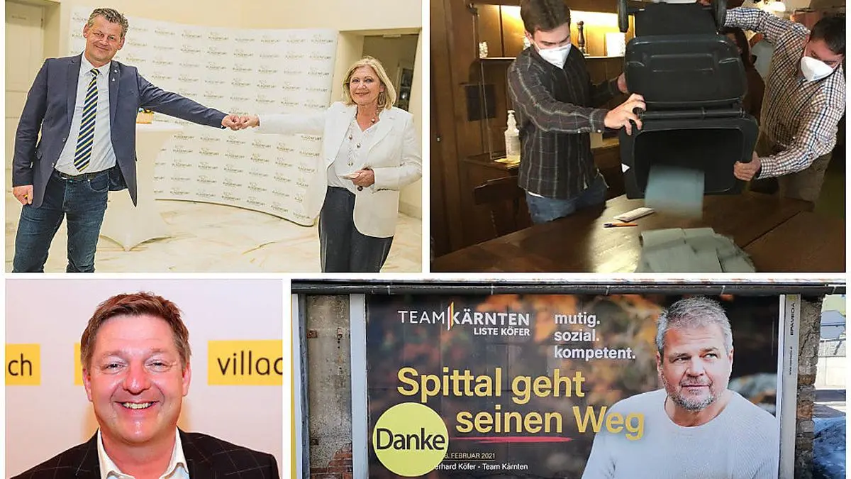 Scheider und Mathiaschitz gehen in die Stichwahl, in Vellach wurde Mülleimer zur Wahlurne umfunktioniert, Köfer schaffte es in die Stichwahl gegen Bürgermeister Pirih, in Villach gewann Albel (von links oben im Uhrzeigersinn)