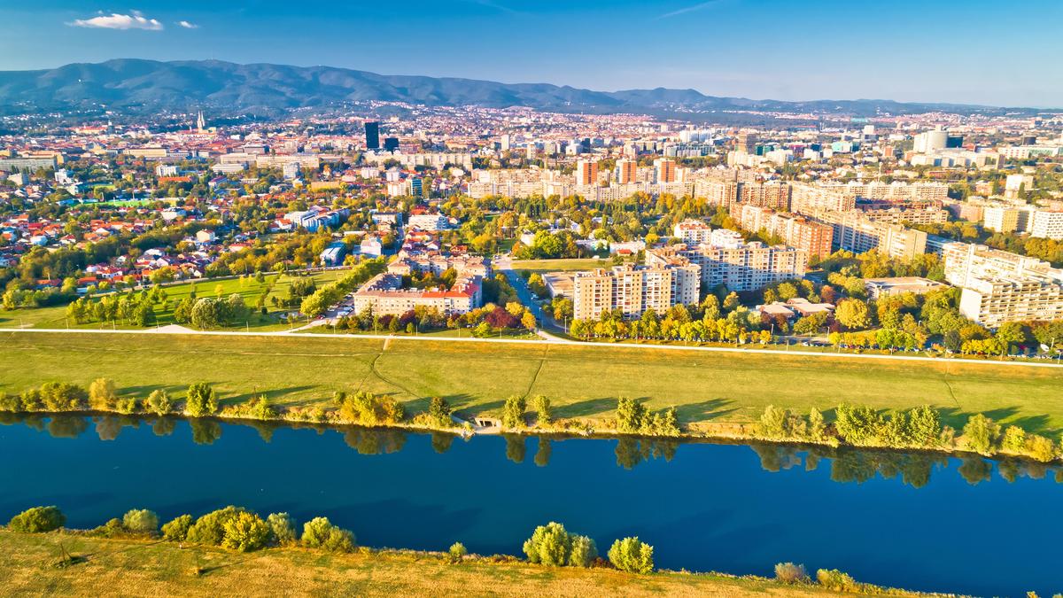 Zagreb. Aerial view of Sava river and city of Zagreb panorama, capital of Croatia