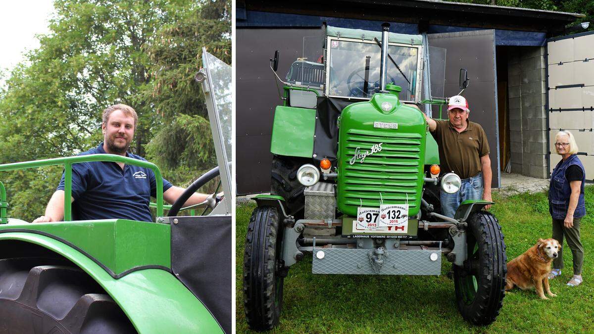 Philipp Schmid (links) und Hans und Renate Gressenberger fahren jährlich mit dem Traktor in den Urlaub