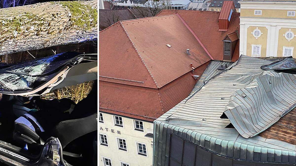 Das Dach des Linzer Landestheaters wurde vom Sturm abgedeckt. Und in Salzburg krachte ein Baum auf einen fahrenden Pkw