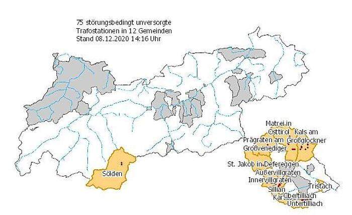 Stromausfälle in Nord- und Osttirol (rot markiert)