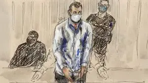 (FILES) In this file photo of a court sketch made on February 9, 2022, a defendant Salah Abdeslam stands before Paris' special criminal court during the trial of the November 2015 attacks. - The verdict is expected on June 29, 2022 after the ten-month long trial for the November 13 Paris attacks in which Islamic State jihadists claimed a series of coordinated attacks by gunmen and suicide bombers in Paris that killed at least 132 people in scenes of carnage at a concert hall, restaurants and the national stadium. (Photo by Benoit PEYRUCQ / AFP) / ----IMAGE RESTRICTED TO EDITORIAL USE - STRICTLY NO COMMERCIAL USE-----