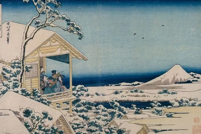 In dem Holzschnitt „Verschneiter Morgen bei Koishikawa“ (um 1830) feierte der Japaner Katsushika Hokusai die Landschaft rund um den Fujijama. 