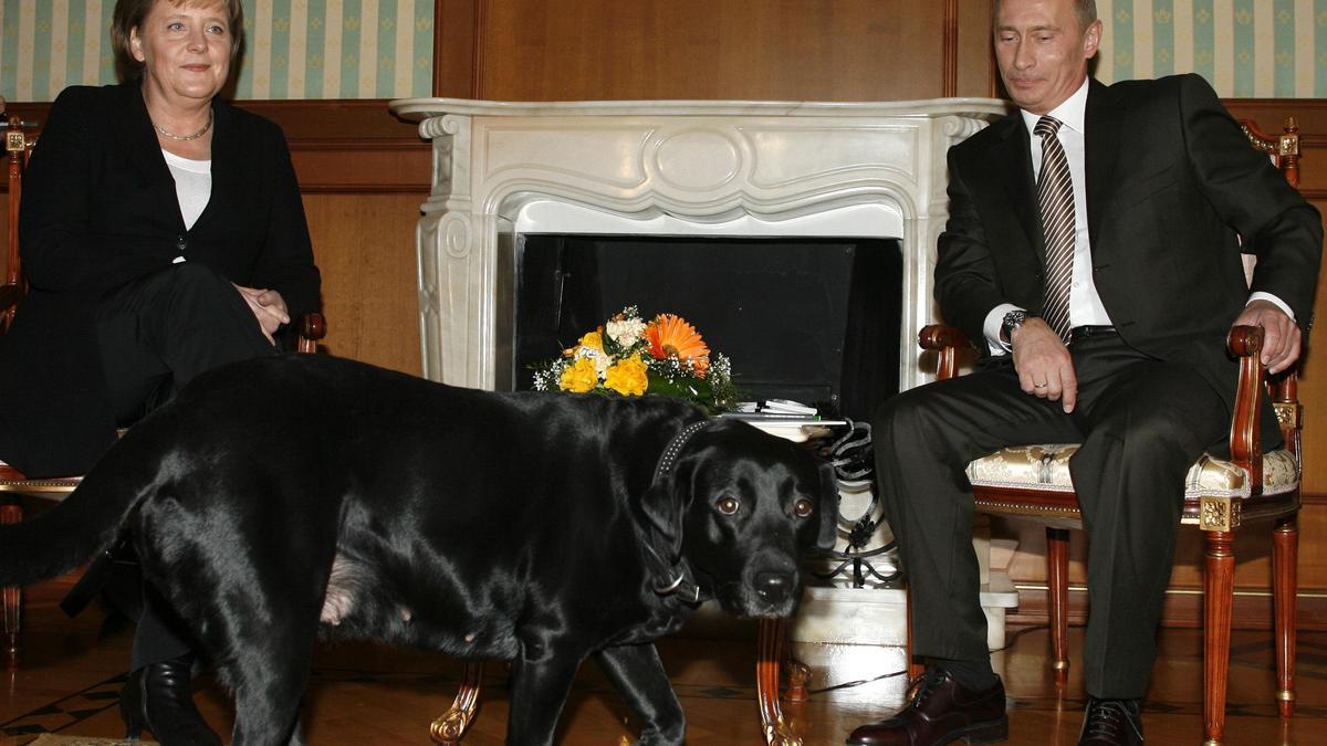 Altkanzlerin Angela Merkel 2007 in Sotschi bei Präsident Putin mit Hund „Koni“