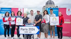 Michaela Polleres (Judo), Anna-Maria und Eirini Marina Alexandri (Synchronschwimmen), Natalija Eder (Para-Leichtathletik), Thomas Frühwirth (Para-Cycling), Andreas Onea (Para-Schwimmen), Valentin Bontus (Kitesurfen), Magdalena Lobnig (Rudern), Tim Wafler (Radsport) und Victoria Hudson (Leichtathletik) im Rahmen der Einkleidungspräsentation in Wien vom ÖOC und ÖPC für die Sommerspiele in Paris.