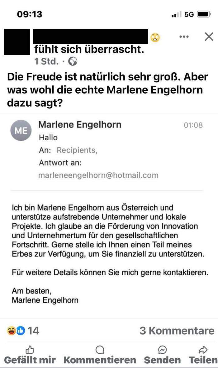 So kann die Fake-E-Mail von „Marlene Engelhorn“ aussehen