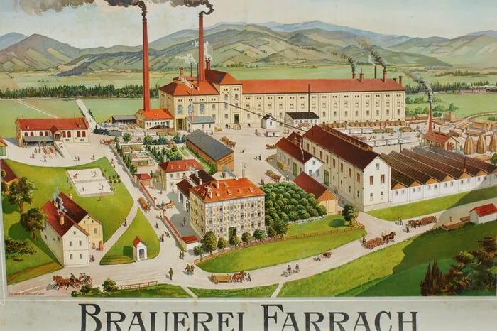 Schloss Farrach: Die Brauerei um 1900. Im Schuppen mit dem grauen Dach war das Feuerwehrdepot