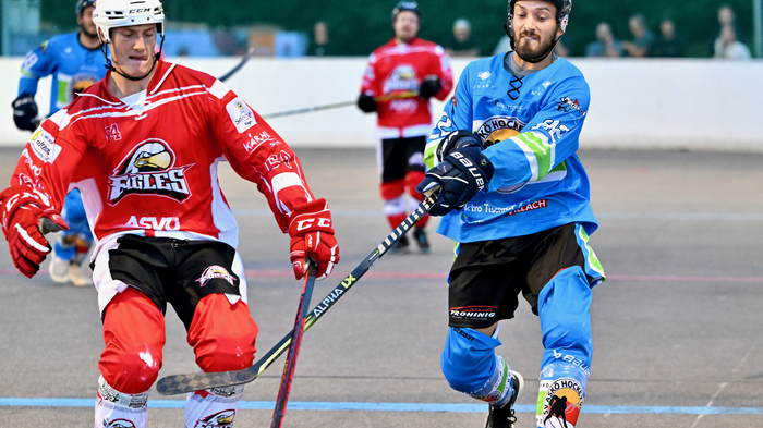 #64 Preiml Maximilian, #22 Friedrich Lukas, ASKÖ Ballhockey Villach vs. HSC Eagles Poggersdorf, ASKÖ Ballhockey Villach vs. HSC Eagles Poggersdorf am 05.07.2024 in Villach (Alpen Arena ), Austria, (Photo by Bernd Stefan)