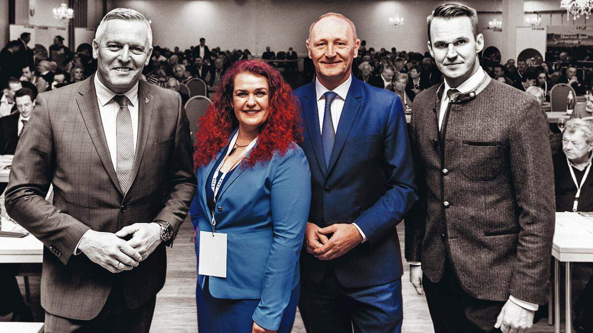 FPÖ-Landesparteichef Mario Kunasek (l) und Parteisekretär Stefan Hermann (r) präsentierten die Doppelspitze der Grazer FPÖ mit Claudia Schönbacher und Axel Kassegger (M) beim Stadtparteitag heuer im März. Statt die Grazer Partei zu einen, hat diese Lösung die Gräben noch tiefer werden lassen