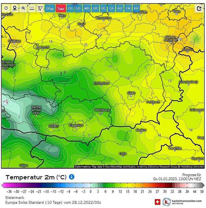 Prognostizierte Temperaturen für Sonntagmittag (1. 1. 2023)