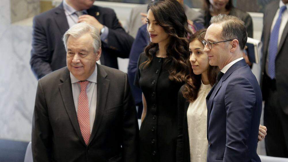Antonio Guterres,  Amal Clooney, Nadia Murad Basee Taha und Heiko Maas