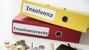 Sujetfoto: Vor zwei Ordnern mit den Aufschriften „Insolvenz“ und „Insolvenzrecht“ liegen Kleingeld und ein Taschenrechner
