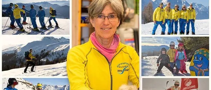 Mehrere Fotos von Skifahrern und Kindern und einer Dame