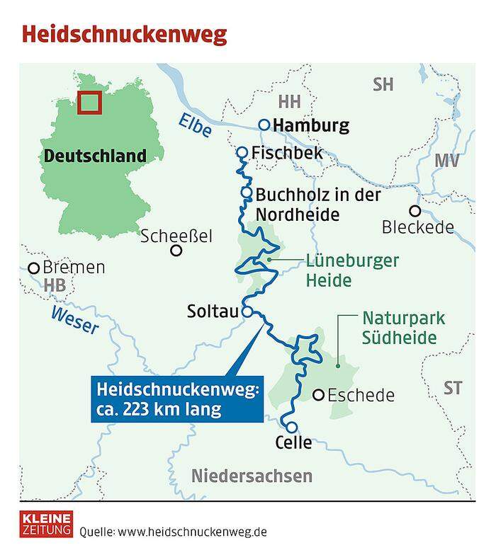 Die Route des Heidschnuckenwegs durch die Lüneburger Heide