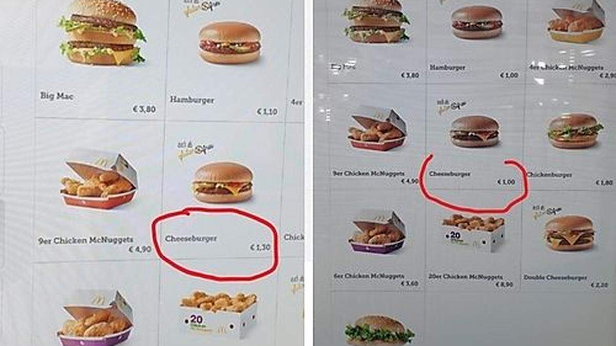 Zweimal Cheeseburger bei McDonald's: einmal um einen Euro und einmal um 1,30 Euro