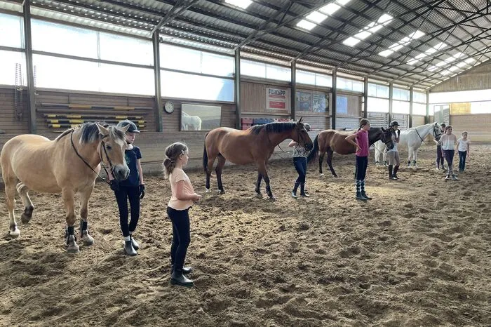 Aufmerksam lauschen die Kinder den Anweisungen der Reitlehrerin.