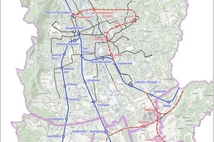 Der "Totalausbau" der alle Stückerln spielen soll, nach Ansicht der Experten von IBV Zürich und Prime Mobility: Die S-Bahn wird in Graz durch einen elf Kilometer langen Tunnel vom Ostbahnhof/Messe via Jakominiplatz und über eine Schleife unter Anbindung von Uni, LKH und Wirtschaftskammer nach Norden bis zum Hauptbahnhof gelegt. Weitere Zukunftsoptionen: Die S-Bahn wird im Süden ausgebaut - in einer Schleife wird Magna angebunden, die Ost- wird bis zum Südbahn/Koralmgleis und zum Flughafen gelegt und so ans hochrangige Bahnnetz angebunden. Auch nach Hausmannstätten wäre ein Strang denkbar.