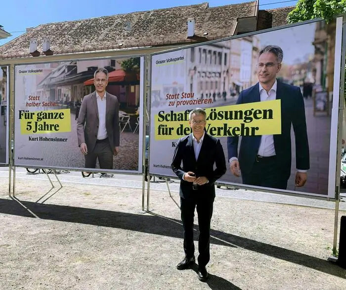 Kurt Hohensinner auf den Wahlplakaten der ÖVP. Die Slogans: „Für ganze 5 Jahre