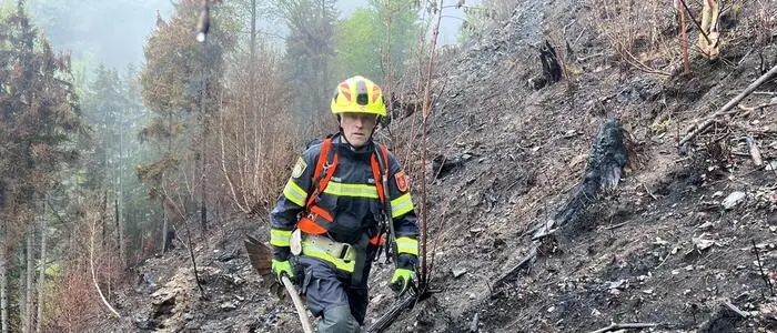 Ein Feuerwehrmann im abgebrannten Wald | 110 Hektar Wald sind dem größten Brand in der Geschichte Kärntens zum Opfer gefallen