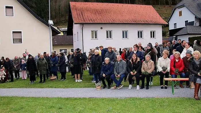 Die Menschen, viel davon von auswärts, standen am Kirchplatz in Kainach schon dicht gedrängt, als die Landjugend Kohlschwarz mit ihren drei Riesen-Palm einzog.