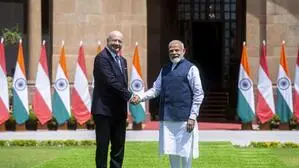 Bundeskanzler Christian Stocker (ÖVP) und der indische Premier Narendra Modi am Donnerstag in Neu-Delhi