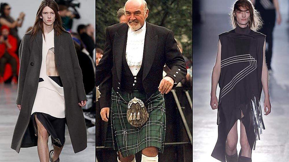 Links und rechts: Röcke von Designer Rick Owens. Bildmitte: Sean Connery im Schottenrock