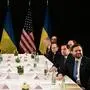 TOPSHOT - US Vice President JD Vance (R), US Secretary of State Marco Rubio (2nd R) and Ukrainian President Volodymyr Zelensky (L) meet on the sidelines of the 61st Munich Security Conference (MSC) in Munich, southern Germany on February 14, 2025. (Photo by Tobias SCHWARZ / AFP)