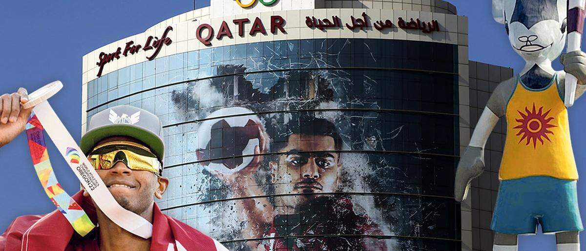 Hochspringer Mutaz Essa Barshim sorgte in Tokio 2020 für die Goldmedaille. Die olympische Symbolik ziert in Doha bereits Gebäude. Und ein Maskottchen stünde parat