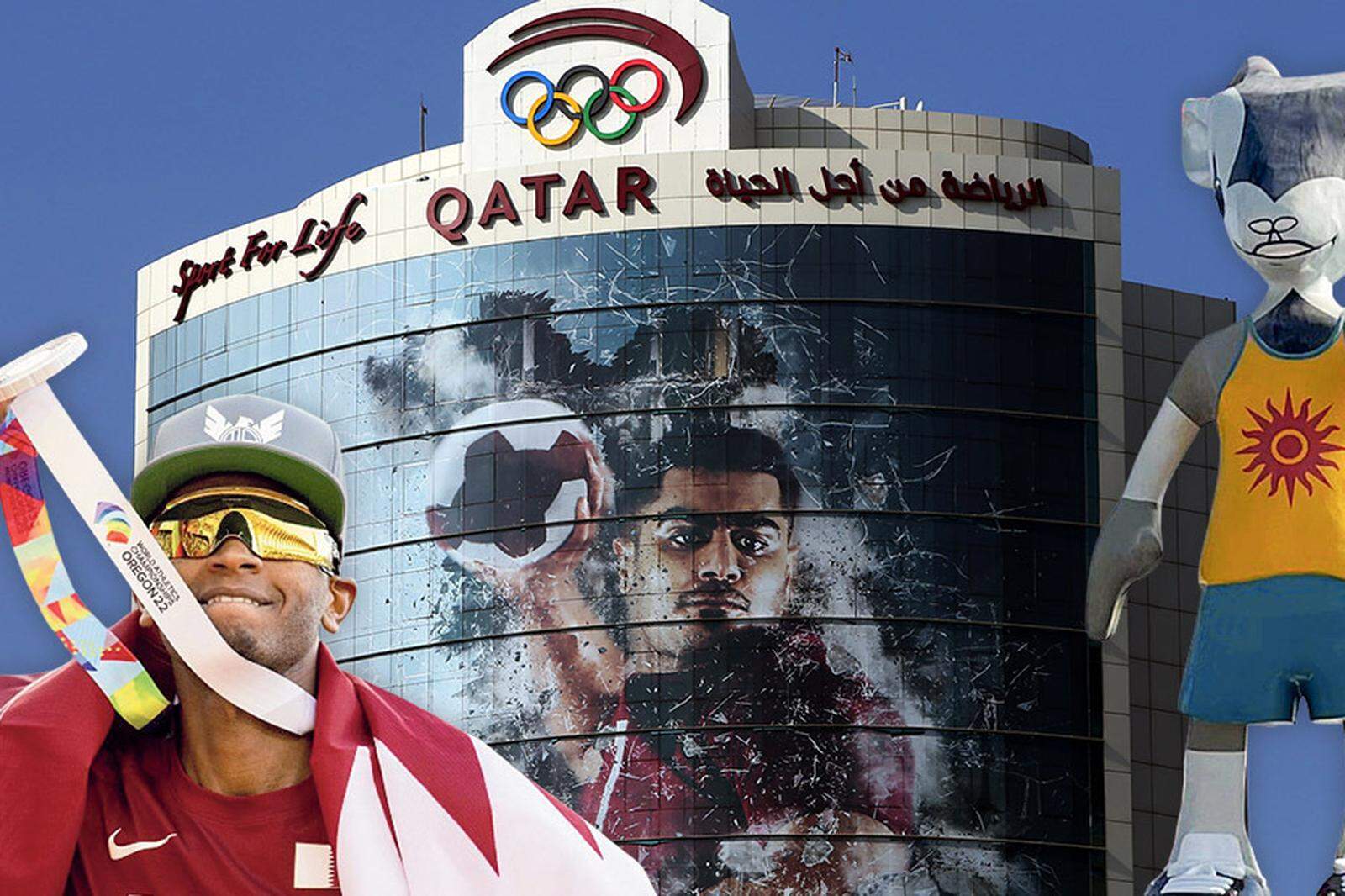 Hochspringer Mutaz Essa Barshim sorgte in Tokio 2020 für die Goldmedaille. Die olympische Symbolik ziert in Doha bereits Gebäude. Und ein Maskottchen stünde parat