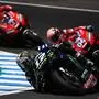 Monster Energy Yamaha' Spanish rider Maverick Vinales is followed by Mission Winnow Ducati's Italian rider Andrea Dovizioso during the MotoGP race of the Spanish Grand Prix at the Jerez - Angel Nieto circuit in Jerez de la Frontera on May 5, 2019. (Photo by GABRIEL BOUYS / AFP)