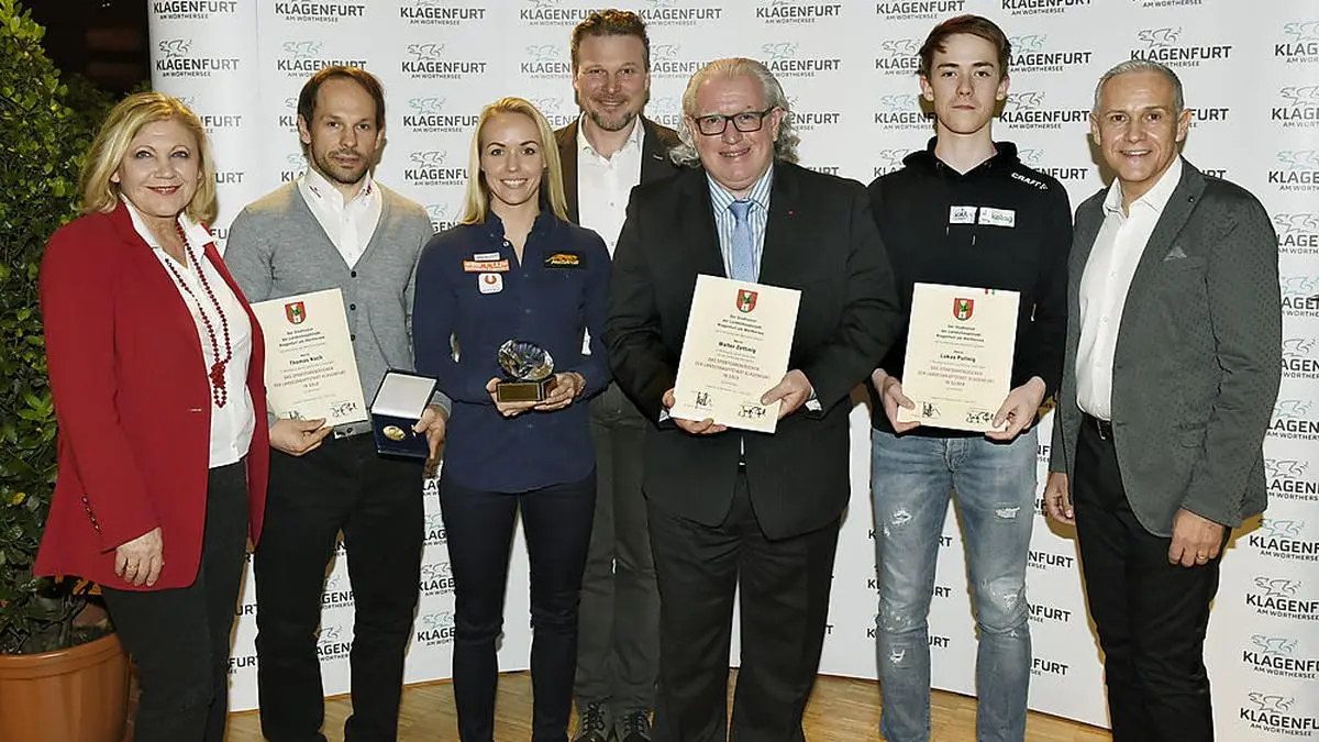 Bürgermeisterin Maria-Luise Mathiaschitz, Thomas Koch, Jasmin Ouschan, Vizebürgermeister Wolfgang Germ, Walter Zettinig (Rad-Triathlos-Mountainbike), Lukas Pullnig, Pfeiler (von links)