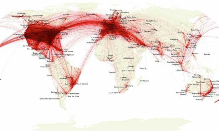 Die Karte zeigt rund 4,3 Millionen direkte Privatjet-Flüge zwischen Städten weltweit