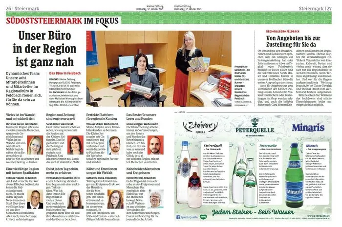 Ein dynamisches Team in der Südoststeiermark: In unserem Regionalbüro in Feldbach arbeiten acht Mitarbeiterinnen und Mitarbeiter.