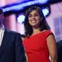 US Senator from Ohio and 2024 Republican vice presidential candidate J.D. Vance and his wife Usha Vance stand on stage on the last day of the 2024 Republican National Convention at the Fiserv Forum in Milwaukee, Wisconsin, on July 18, 2024. Days after he survived an assassination attempt Trump won formal nomination as the Republican presidential candidate and picked Ohio US Senator J.D. Vance for running mate. (Photo by Patrick T. Fallon / AFP)