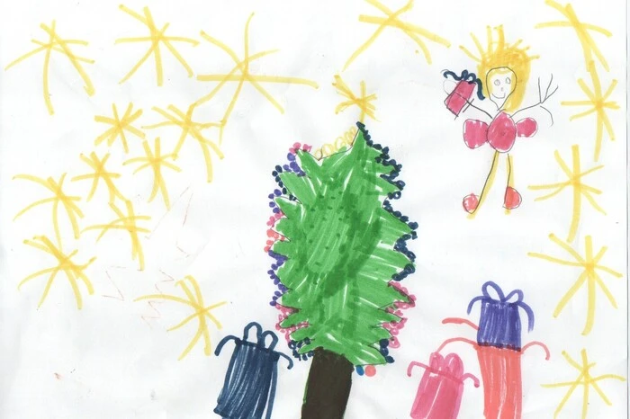 Die vierjährige Selina Riedl aus Wolfsberg zeichnete für den Adventkalender der Kleinen Zeitung ein Bild von der Bescherung am Heiligen Abend. Das Christkind hat einige Geschenke bereits unter den Weihnachtsbaum gelegt, eines hält es noch in der Hand. Viele Sterne lassen die Weihnachtsnacht hell erstrahlen.