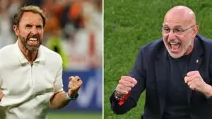 (COMBO) This combination of pictures created on July 12, 2024 shows England's head coach Gareth Southgate (L) celebrating at the end of the UEFA Euro 2024 semi-final football match between the Netherlands and England at the BVB Stadion in Dortmund on July 10, 2024; and Spain's head coach Luis de la Fuente celebrating at the end of the UEFA Euro 2024 quarter-final football match between Spain and Germany at the Stuttgart Arena in Stuttgart on July 5, 2024. Spain faces England during the UEFA Euro 2024 final football match at the Olympiastadion in Berlin on July 14, 2024. (Photo by Miguel MEDINA and Odd ANDERSEN / AFP)