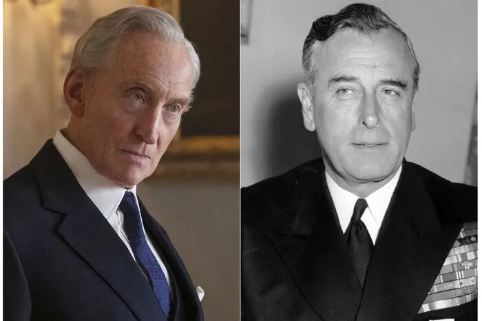 Links: Schauspieler Charles Dance, der Lord Louis Mountbatten verkörpert (porträtiert im Jahr 1955)