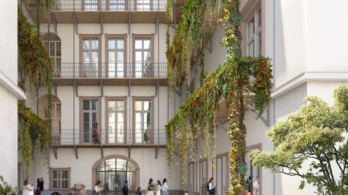 Der Museumshof im GrazMuseum soll mit einem Stadtgarten begrünt und attraktiviert werden. Eine flexible Überdachung soll dafür sorgen, dass der Hof auch bei Regen genutzt werden kann.