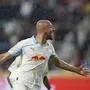 Red Bull Salzburg's Karim Onisiwo reacts after scoring a goal during the Club World Cup group H soccer match between CF Pachuca and FC Salzburg in Cincinnati, Wednesday, June 18, 2025. (AP Photo/Joshua A. Bickel)
