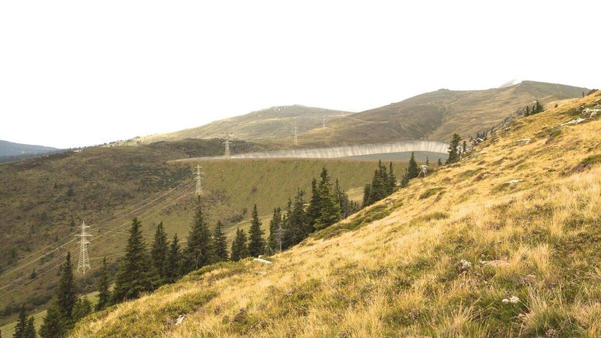 So soll der obere der zwei geplanten Speicherseen im Bereich der Glitzalm aussehen. Vorbei führt die bestehende 380-kV-Leitung