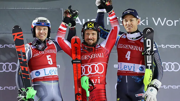 18.11. 2018, Slalom in Levi. 1. Marcel Hirscher (AUT), 2. Henrik Kristoffersen (NOR), 3. Andre Myhrer (SWE). Zum Bericht. 