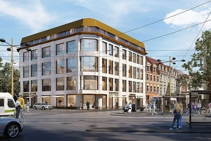 So soll das Projekt nach Fertigstellung 2022 aussehen. Das Motel One bietet 160 Zimmer und eventuell in der Lobby neben der Bar auch ein Restaurant, das Dorotheum wird wieder einziehen.