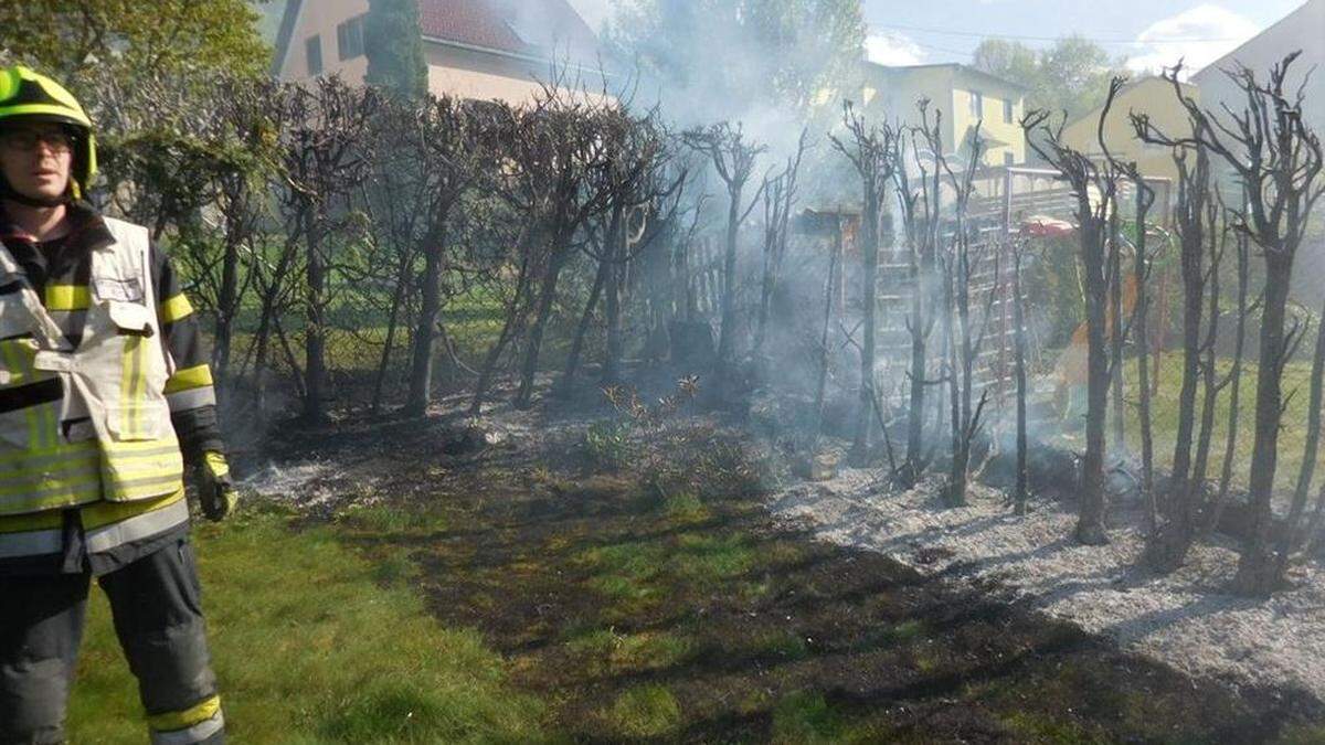 Die Hecke fing Feuer und musste von der Feuerwehr gelöscht werden