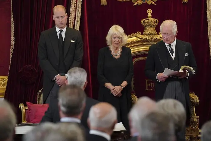 From left, Britain's Prince William, Camilla the Queen Consort, and King Charles III during the Accession Council at St James's Palace, London, Saturday, Sept. 10, 2022, where King Charles III is formally proclaimed monarch. (Jonathan Brady/Pool Photo via AP)