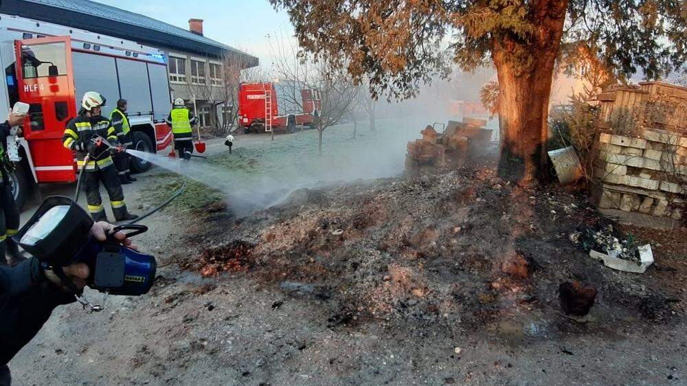 Die Feuerwehr konnte ein Übergreifen der Flammen auf einen Baum und einen Holzstapel erfolgreich verhindern