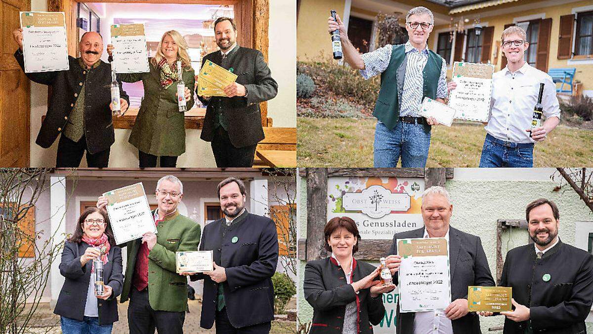 Naturprodukte Semlitsch (l. oben), Obstbau Kirchengast (r. oben), Obsthif Weiß (r. unten) sowie Gabi und Hans Kaufmann (l. unten) produzierten Landessieger