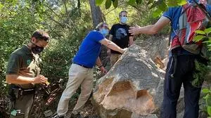 Experten begutachten Schaden am Stein